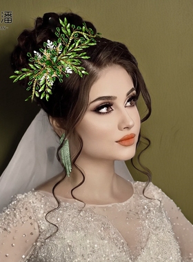 优拉潘 HP277法式森系新娘盘发发饰手工绿色水钻精灵头饰约会配饰