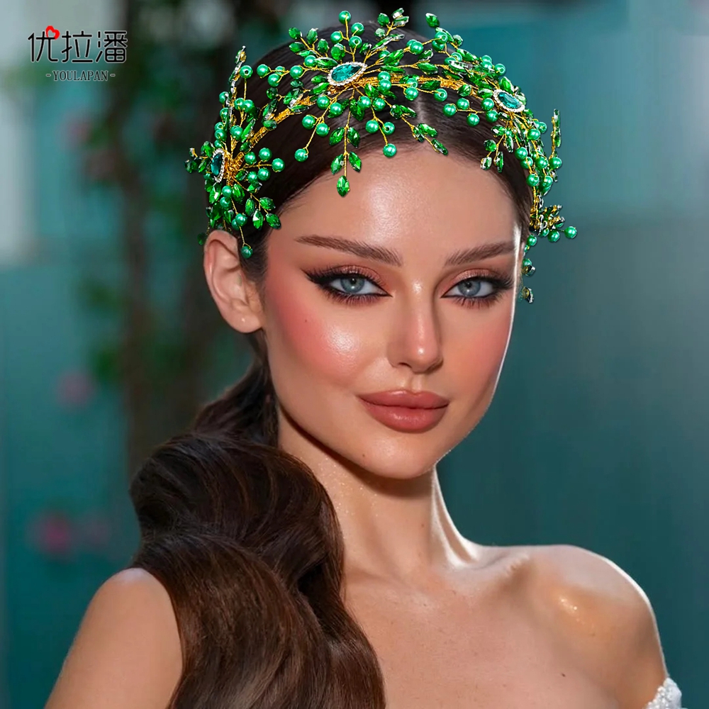 优拉潘 新娘新款森系发箍绿色水钻珍珠韩式主纱套装结婚发饰HP906