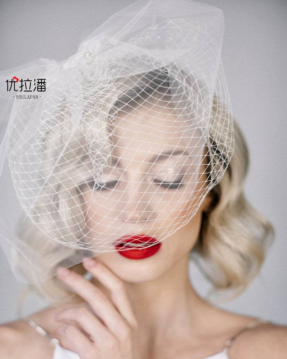 优拉潘 欧美复古珍珠菱形网纱新娘面纱搭配礼服写真拍照道具va14
