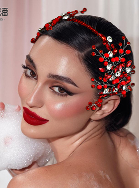 优拉潘 外贸新娘奢华配饰红色水晶串珠水钻发带宴会派对发饰HP804