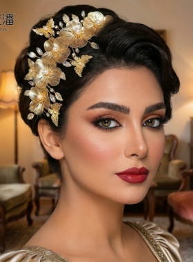 优拉潘 HP993新娘头饰复古金色花朵发带婚礼高级感奢华重工发饰