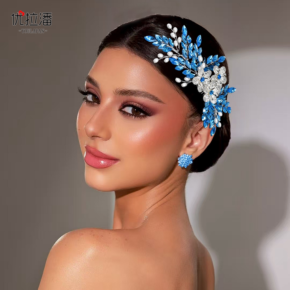 优拉潘 精美新娘发梳蓝色水钻合金花朵头饰舞台表演走秀配饰HP907