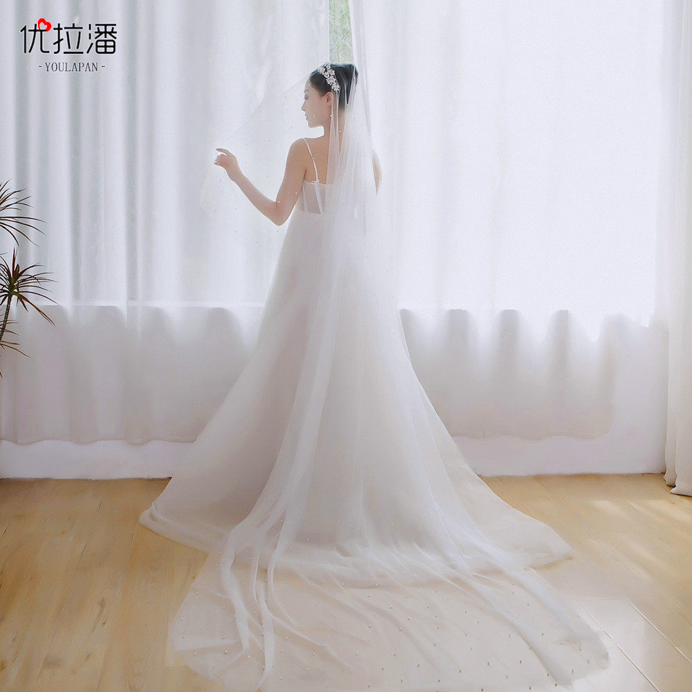 优拉潘 欧美新娘结婚珍珠头纱纯手工女白软纱旅拍婚纱照头纱 v114