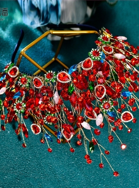 优拉潘 大气奢华新娘发饰红色水钻皇冠发箍走秀舞台演出头饰HP861