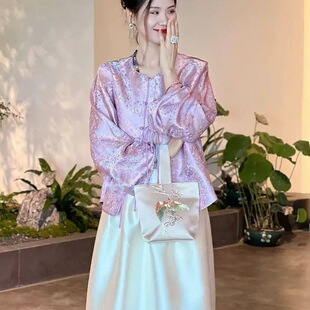 国风粉色提花外套半身裙套装 轻奢高级感新中式 搭配一整套女装 秋装
