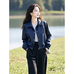 欧货2025新款独特漂亮初春小众不撞款深蓝色薄款短外套女休闲百搭