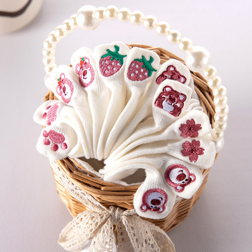 日系纯棉吸汗夏季女士草莓熊短袜