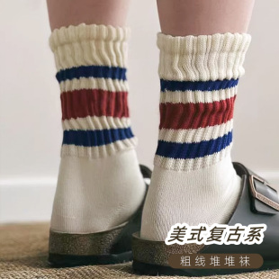 袜子女中筒袜纯棉韩版学院风日系粗线美式复古条纹秋冬长款堆堆袜