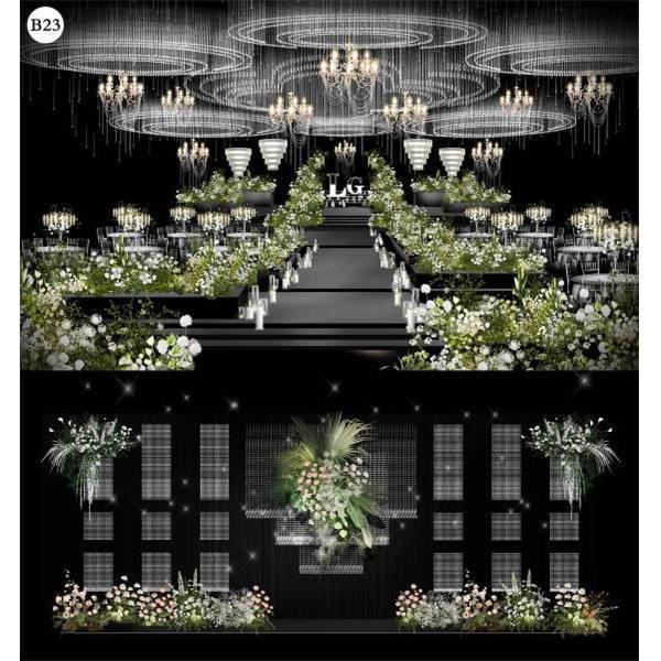 白绿色简约水晶大吊顶水晶背景花艺装饰婚礼设计效果图素材