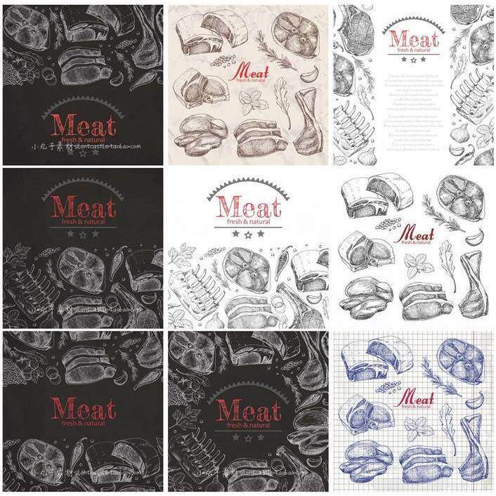 A0018矢量AI设计素材 手绘肉类食物牛排骨头线稿插画背景菜单元素