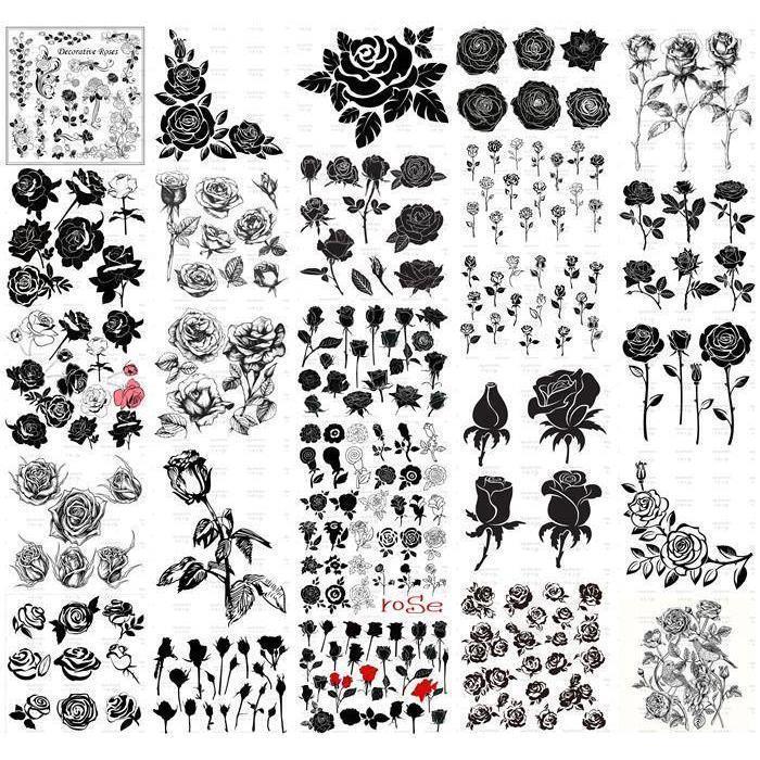 矢量设计素材 玫瑰花朵图案黑白剪影线稿复古图案 EPS格式