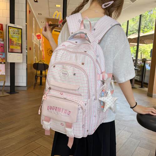 韩版森系小学生书包女颜值格子撞色学院风中学生多隔层双肩包