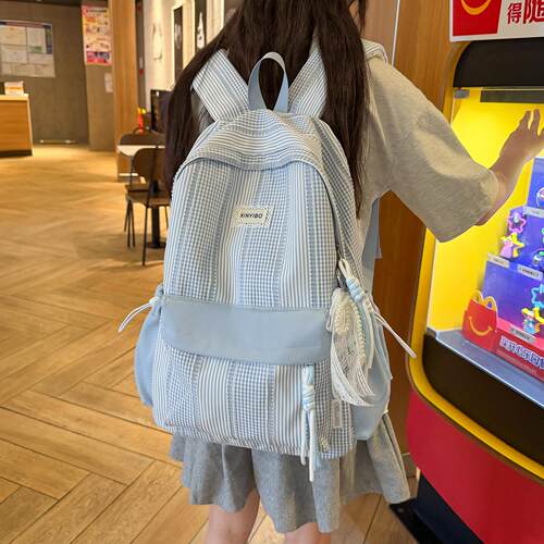 小清新格子书包女春季新款高颜值初高中学生双肩包轻便旅行背包
