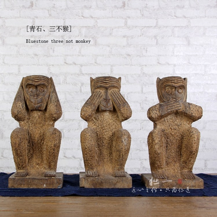 仿古石雕三不猴做旧青石石猴摆件天然中式精品石料像风水特色饰品
