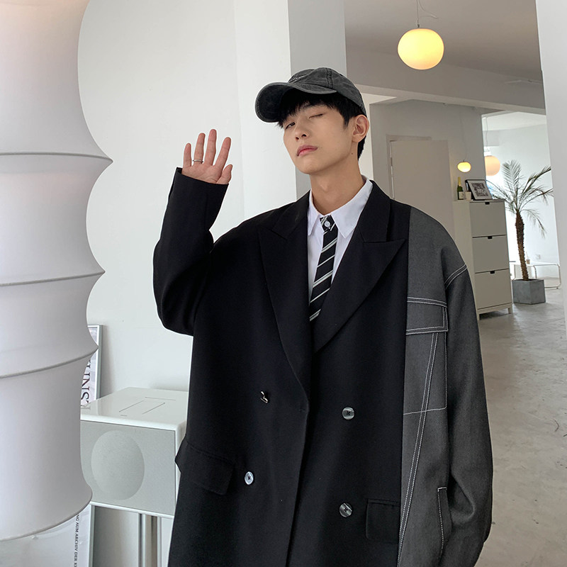 2025秋季新款港风小西装拼接不对称宽松休闲西服外套黑GX10-P125，男装西服套装，电商B277A（原A068）