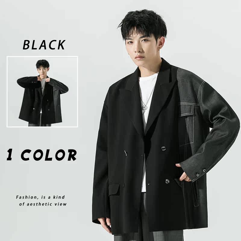 2025秋季新款日系西服拼接不对称宽松休闲西服外套黑GX10-P125，男装西服，电商B277A（原A068）