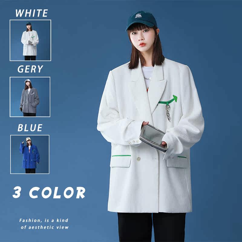 2025秋季新款港风原创西服撞色灯芯绒休闲西服外套蓝GX08P125,男装西服,电商B277A（原A068）
