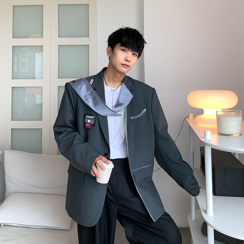2025春季新款港风原创西装拼接结构造型休闲西服外套灰 GX03-P95图片