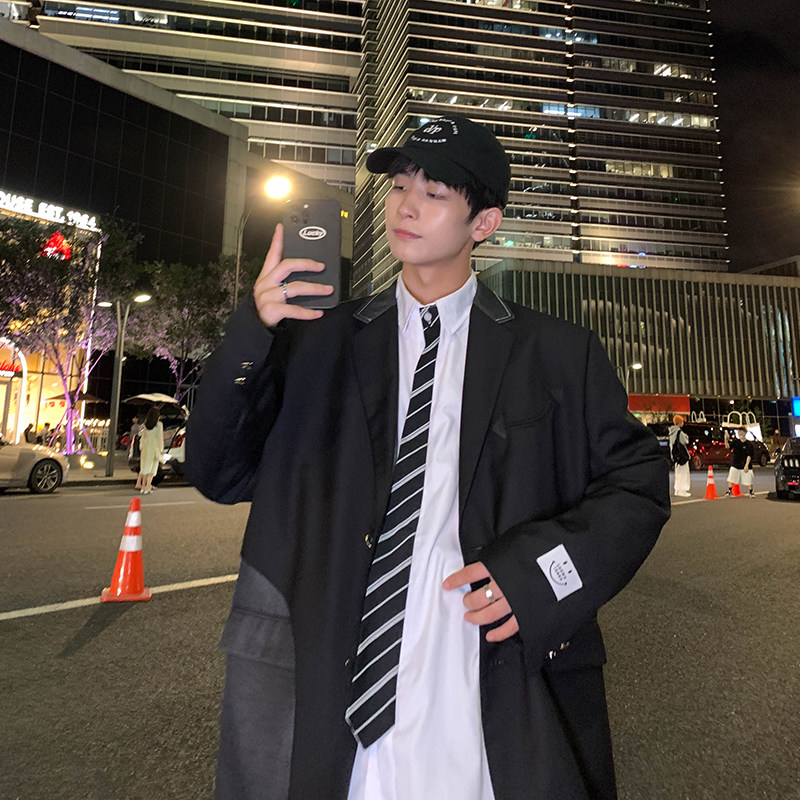 2025春季新款港风原创仿牛仔口袋拼接西服外套黑 GX12-P100图片