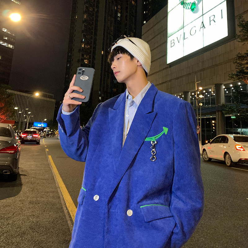2025春季新款港风原创小西装撞色灯芯绒休闲西服外套蓝GX08-P125，男装西服套装，电商B277A（原A068）