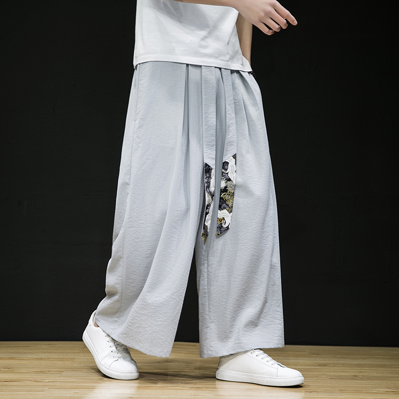 2024春夏新款风长裤灯笼裤仙鹤拼接飘带休闲裤灰色K115-P55，男装休闲裤，电商B277A（原A068）