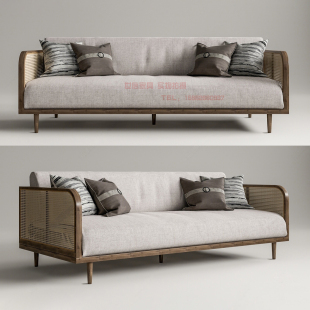 新中式酒店会所民宿双三人沙发样板房客厅编藤实木沙发设计师家具
