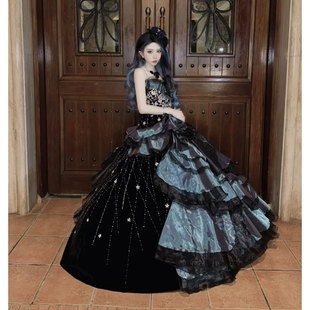黑天鹅风抹胸大摆礼服女重工刺绣成人礼公主裙轻奢晚礼服vintage