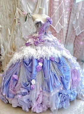仙女风抹胸花朵礼服女紫色渐变层叠荷叶边公主裙花嫁礼服极繁主义