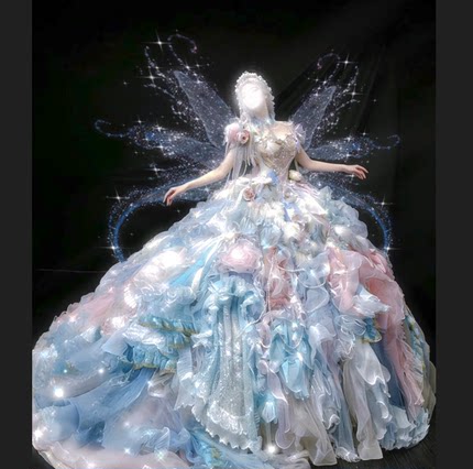 梦幻仙女风立体花朵网纱拖地礼服公主大摆裙华丽晚装花嫁裙洛丽塔
