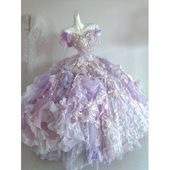 仙女风一字肩紫色渐变立体花嫁晚礼洛丽塔服蓬蓬裙公主风大摆裙