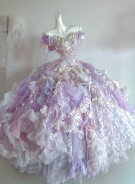 仙女风一字肩紫色渐变立体花嫁晚礼洛丽塔服蓬蓬裙公主风大摆裙