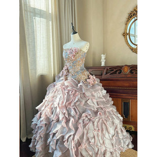 仙女风粉色抹胸礼服女超仙立体花拖尾蓬蓬裙成人礼公主裙vintage