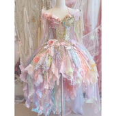 甜美公主风彩色花朵礼服长裙蕾丝层叠荷叶边梦幻晚装 裙