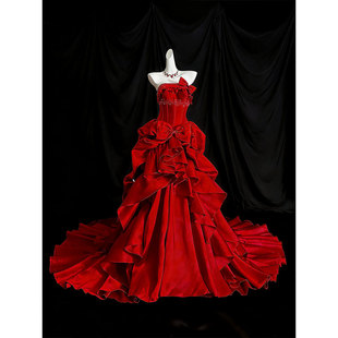 红色缎面抹胸拖地礼服女蝴蝶结层叠荷叶边华丽晚装 裙vintage
