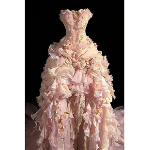 复古手工花朵装 vintage极繁主义 饰粉色礼服女抹胸蛋糕裙摆晚装