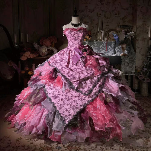 古董粉色抹胸花苞公主风晚礼服