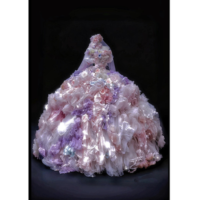 粉色网纱拖地大摆晚礼服