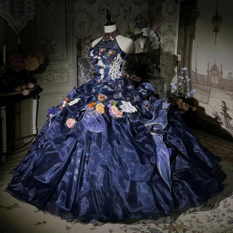 洛丽塔风立体花束腰礼服女深蓝色挂脖大摆公主裙花嫁款vintage
