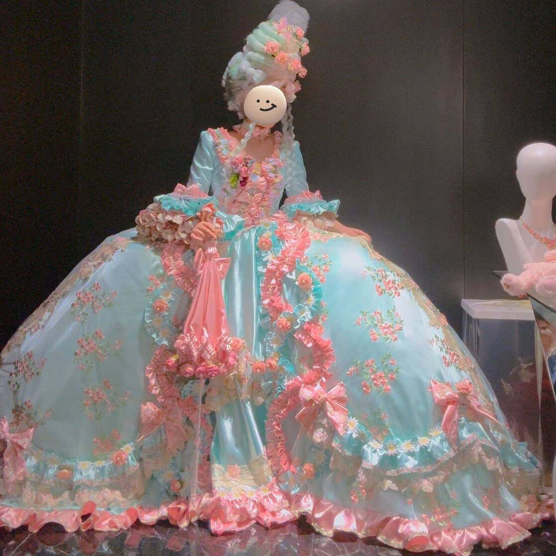 梦幻仙女风蓝色花朵拖地晚礼服