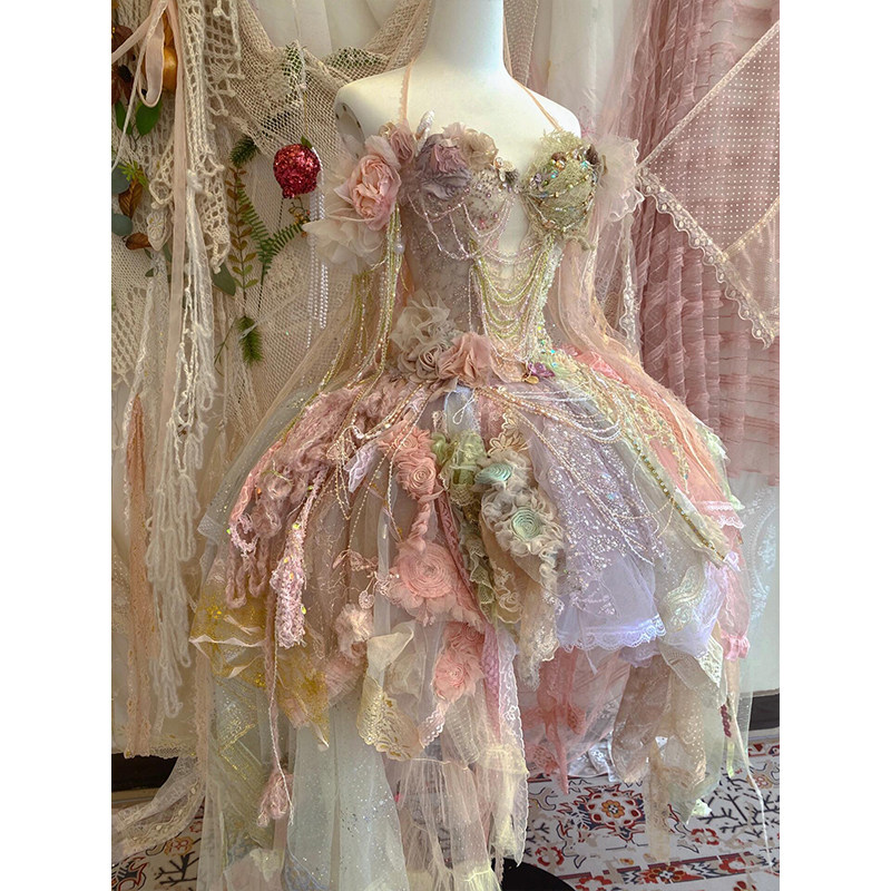 甜美公主风彩色花朵蕾丝吊带礼服女多层荷叶边华丽晚装裙定制彩色