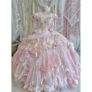 甜美风粉色重工晚礼服一字肩大摆公主裙成人礼lolita花嫁风无袖