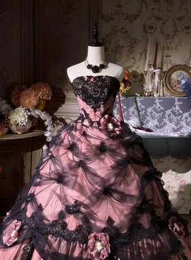 哥特风粉色黑色玫瑰抹胸礼服裙重工公主蓬蓬裙vintage贵牌