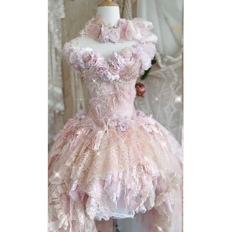 仙女风粉色蕾丝网纱晚礼服定制