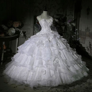 公主风抹胸重工花嫁拖尾礼服白色多层蛋糕裙成人礼晚礼服