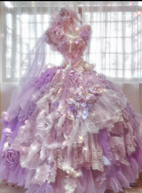 梦幻公主风立体花朵礼服紫色蓬蓬裙古董婚纱成人礼定制洛丽塔写真