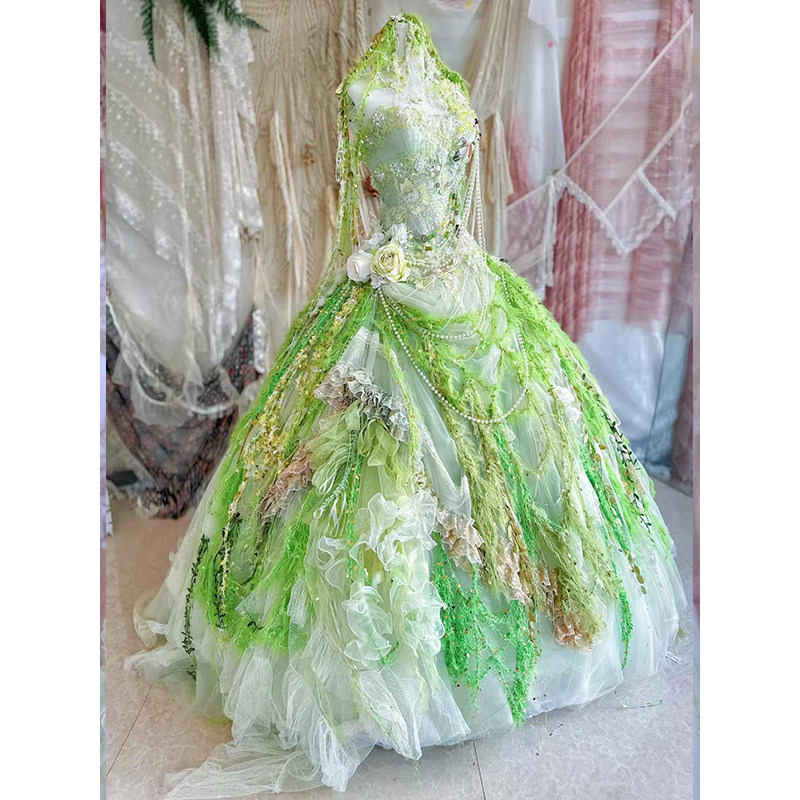 梦幻仙女风绿花大摆晚礼服