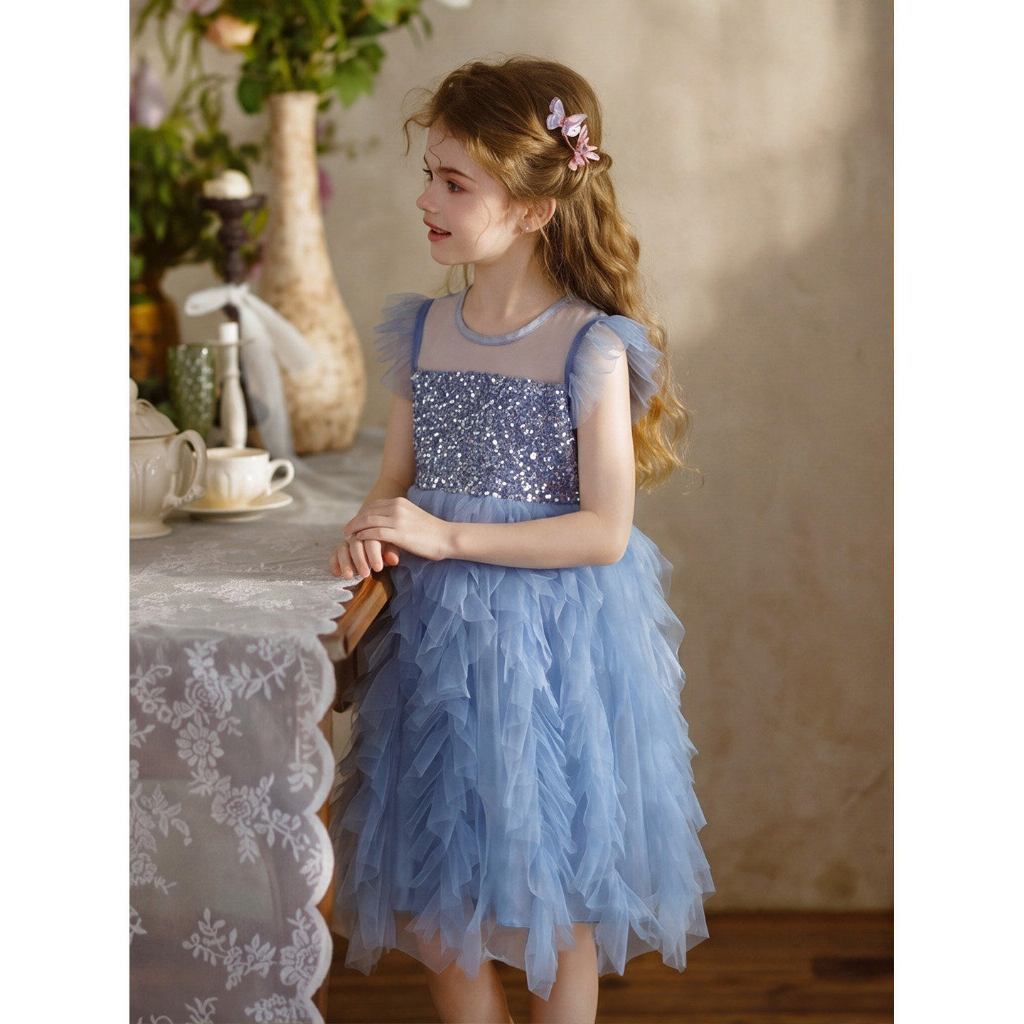 女童公主风亮片网纱连衣裙2026新款夏季小飞袖蓬蓬裙蓝色礼服裙