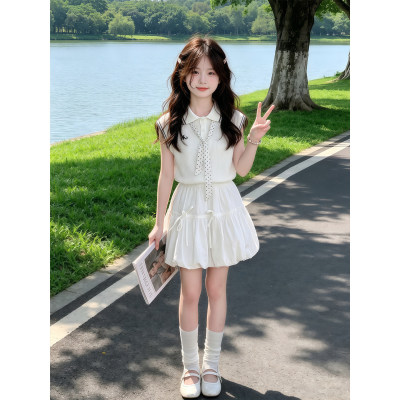 女童夏季套装2026新款儿童洋派POLO领上衣夏装女孩花苞裙两件套潮