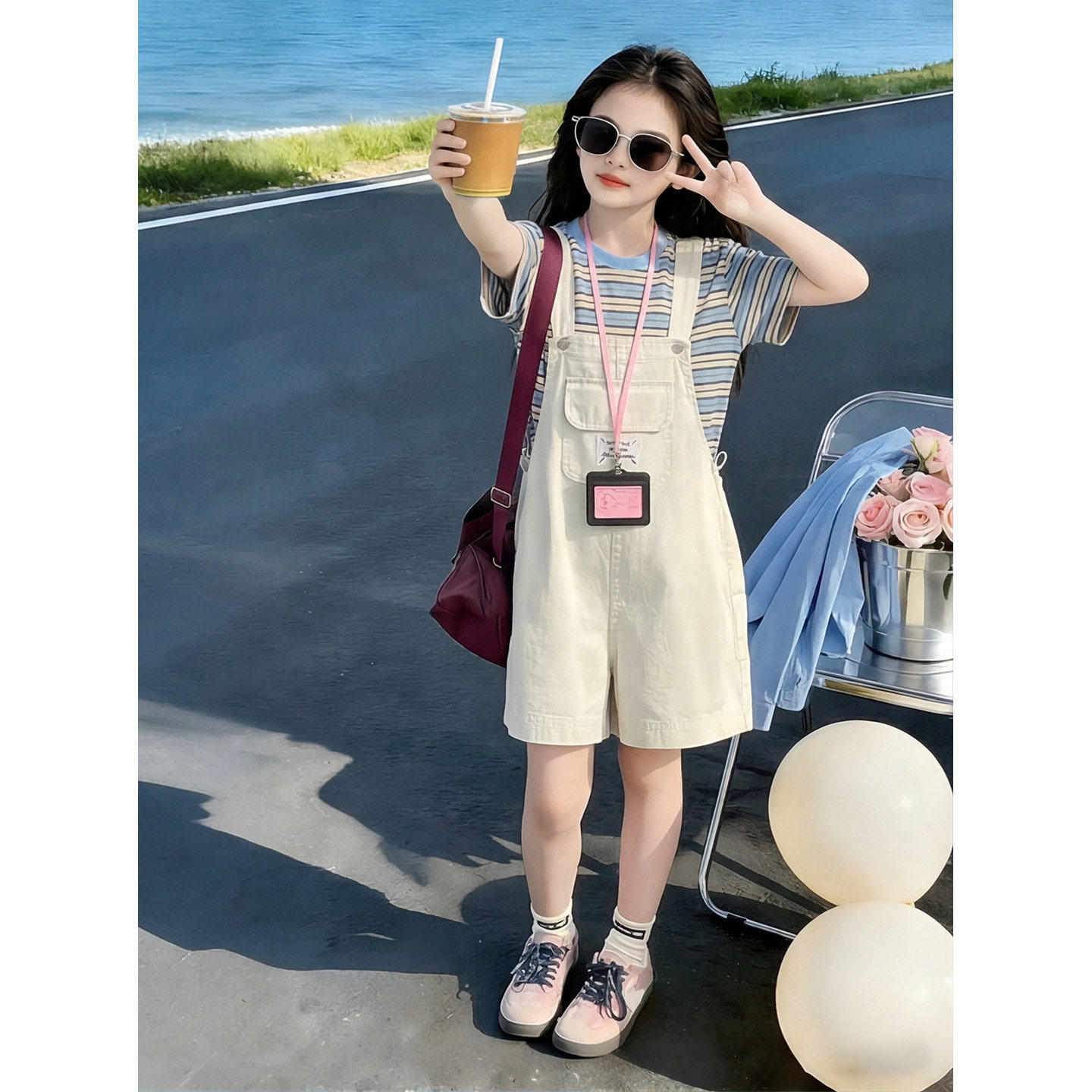 女童背带裤洋气短袖短裤两件套装