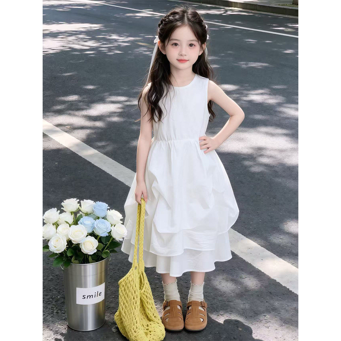 女童百搭无袖背心洋装2026新款儿童白色蛋糕裙中大童巨好看长裙